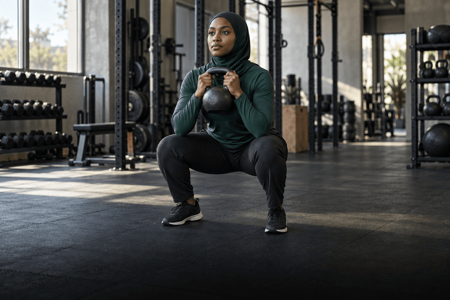 A woman performing a kettlebell squat in the gym.